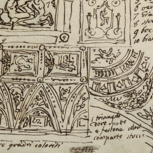 Drawing, Decorative Studies of Ceilings with Grotesque; Studies of Monument with Papal Seale, Sisto V, 1814–18