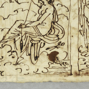 Drawing, Mythological or Biblical Scene; Juno and Jove Enthroned with Three Fates; Three Graces with Apollo and Minerva; Sculptural Relief and Obelisk