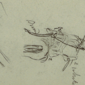 Drawing, Two Figures Riding Horses, Carrying Spears, Sword, Lower Part of A Gun, etc., possibly 1868