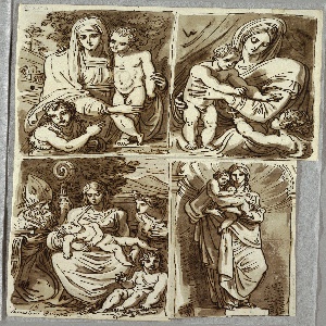 Drawing, Madonna and Child and St. John, Study after Francia; Madonna and Child with St. John, Study after Dossi; Madonna and Child with St. John, Bishop Saint, St. Appolonia; Madonna and Child in Niche, Study after Sculpture by Salvator Mundy, 1821–22