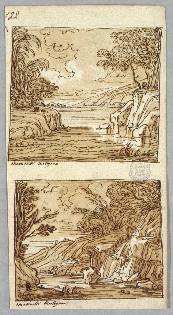 Drawing, Sketchbook Page: Two Landscapes after Vincenzo Martinelli; Verso: Architectural Details