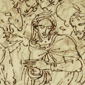 Drawing, Adoration of the Shepherds; Arcangle St. Michael after Raphael; St. Margarite after Raphael; Aloof de Wignancourt by Caravaggio; Putti; Study of the Flood; Verso: Disposition after Volterra; St. Ceclia after Raphael; Portion of Marriage of Henry IV to..., 1803–09