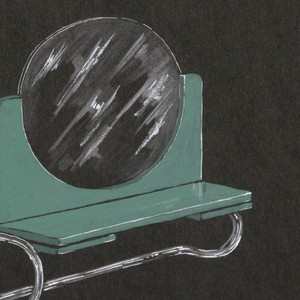 Drawing, Round mirror; green top,