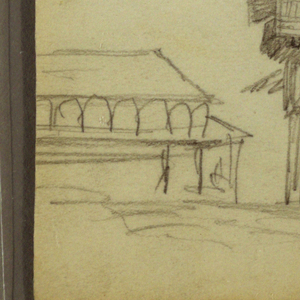 Drawing, Street Corner in Guaquil, Ecuador; Verso: Botanical sketches, house, Ecuador or Colombia, 1857