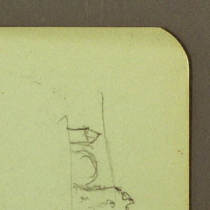 Drawing, hills, church, bridge; Verso: figure, cross, church, 1883
