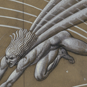 Drawing, Design for Sand-Blasted Glass Mural: Mercury Gathering Air Waves Amidst Planets and Stars, 1932