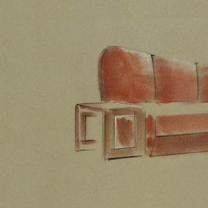 Drawing, Orange couch with side ta