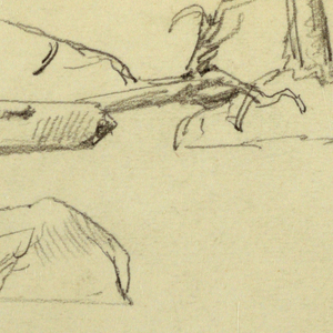 Drawing, Man in boat, boulders, tree trunk, trees, 1878