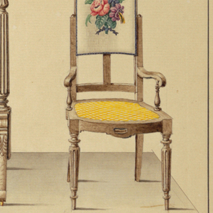 Drawing, Mirror on Swivel Floor Stand & open arm Chair, floral motif, 1860