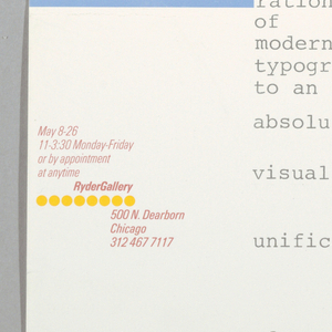 Poster, Post Modern Typography: Recent American Developments, May 8-26, Ryder Gallery, ca. 1975