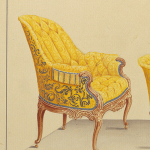 Drawing, Chaise & closed Arm Chair in yellow fabric; Oval Mirror, 1850–1900