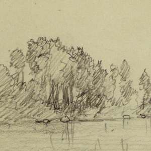 Drawing, Lake and wooded shore, 1878