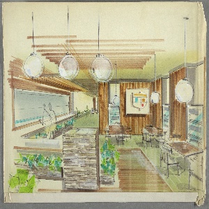 Drawing, Cafeteria Interior with Seating, ca. 1950s–60s