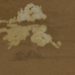 Drawing, Water, wood shore, clouds