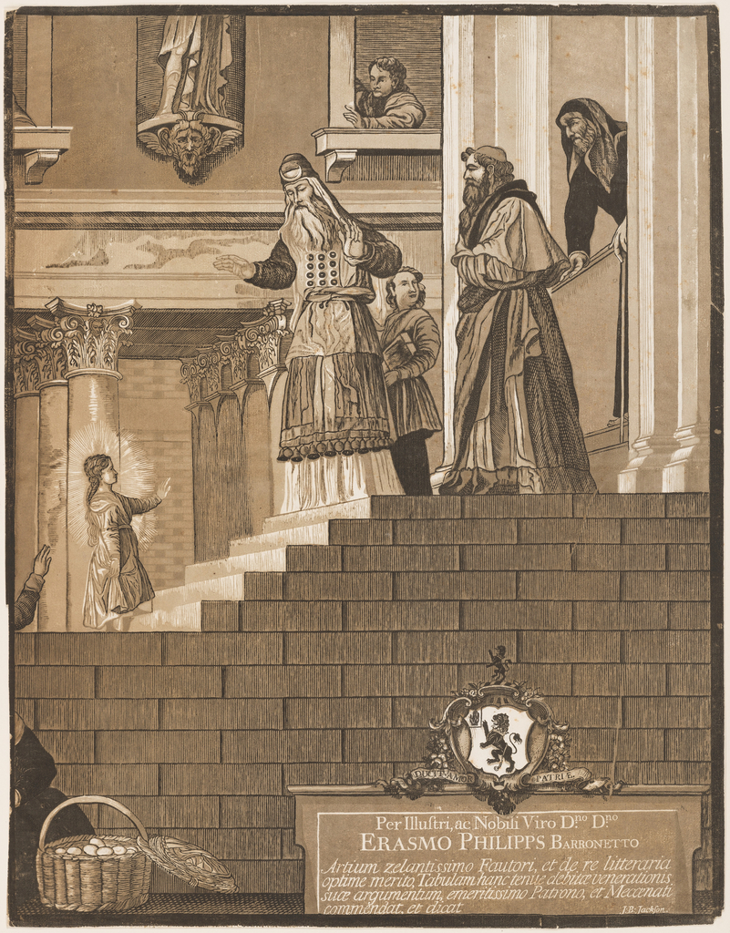 A young girl, who is the Virgin, is walking up a flight of stairs at a Temple. Directly behind the Virgin, can be seen the raised arm of a man. At the bottom of the stairs, next to the wall can be seen a basket of eggs and a seated woman. The woman is in partial view. At top of the stairs are a priest and several attendants waiting for tthe young Virgin. Above the priest and several attendants, there is man at his window looking onto the activity taking place below him. Next to the window can be seen a partial view of a statue. At the lower right hand corner can be seen a coat of arms with a rampant lion in the center on an escutcheon followed by a six line dedication signed: 'J.B. Jackson'.