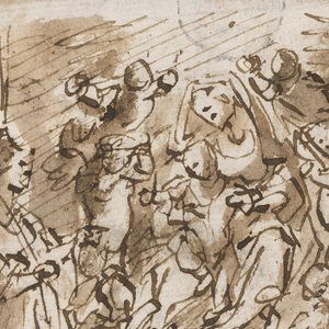 Drawing, Page of a drawing book; St. Jerome in desert; Wedding of St. Catherine; Crucifixion; Christ driving out sellers and buyers, ca. 1590