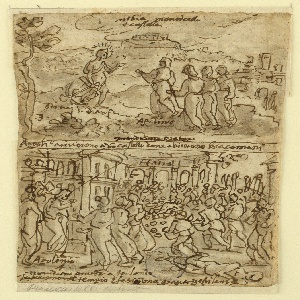Drawing, Page of a sketchbook; Scenes with Apollonius and figures, ca. 1590