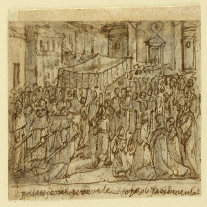Drawing, Sketchbook Page with Procession with the Host and Pontifical Mass, ca. 1595
