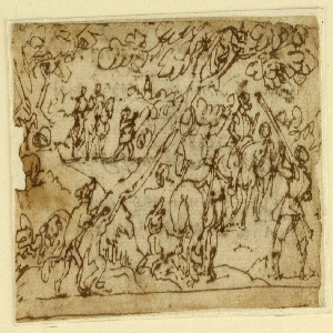 Drawing, Sketchbook Page; Hunting scene, ca. 1590