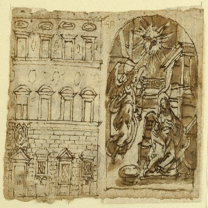 Drawing, Page of a sketchbook; Elevation of Palace, Annunciation, Last Supper, ca. 1590