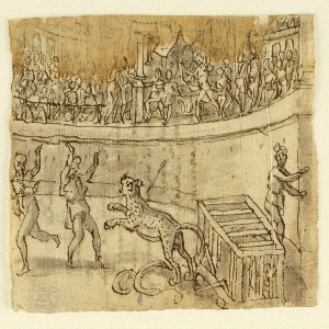 Drawing, Sketchbook Page: Tiger Killed by Emperor Commodus in Amphitheater, ca. 1590