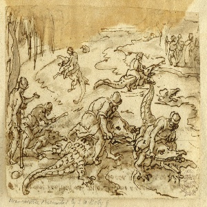 Drawing, Page of a drawing book; Crocodiles hunted by Tentyritae, ca. 1590