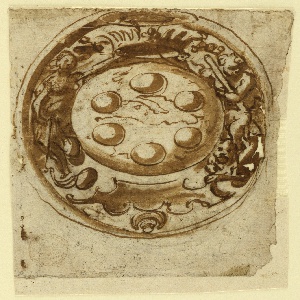 Drawing, Page of a drawing book; Two designs for a coat of arms of Ferdinand I of Toscana, ca. 1590