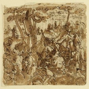 Drawing, Sketchbook Page with Stag Hunt, ca. 1590