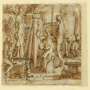 Drawing, Page of a sketchbook; Zeuxis painting Helen; Ecce Homo, ca. 1590
