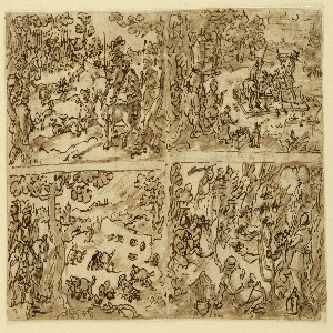 Drawing, Sketchbook Page with Hunting Scenes, ca. 1590
