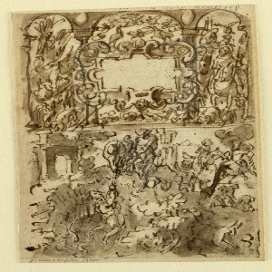 Drawing, Page of a sketchbook; Title page for engraving series on hunting; Accident of a hunter, ca. 1590