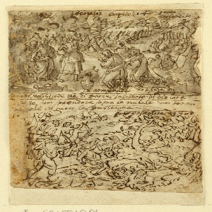 Drawing, Sketchbook Page with Genesis, Hunting of bulls, Exodus, Escutcheon, ca. 1590
