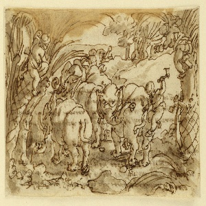 Drawing, Sketchbook Page with Elephants Hunted by Troglodytae, ca. 1590