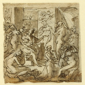 Drawing, Page of a sketchbook; Zeuxis painting Helen; Studies of figures, ca. 1590