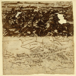 Drawing, Sketchbook Page with Battle Scene and Ostend, ca. 1590