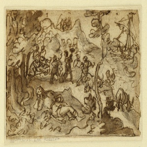 Drawing, Sketchbook Page with Figures by the Sea, ca. 1590