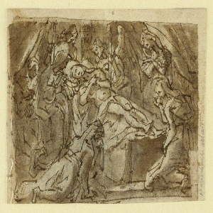 Drawing, Page of a drawing book; Mourning over dead Christ; Zeuxis painting Helen, ca. 1590