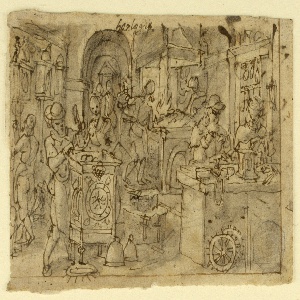 Drawing, Page of a sketchbook; Clock making Horologia Ferrea and Last Supper, ca. 1590
