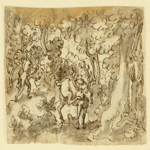 Drawing, Sketchbook Page with Stag Hunt, ca. 1590