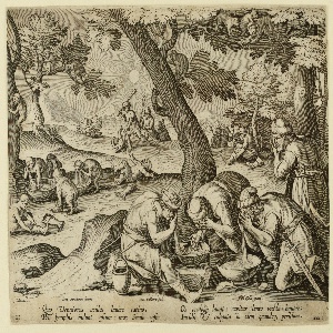 Print, Apes imitating hunters, ca. 1595