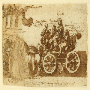 Drawing, Page of a sketchbook; Chariot and three horses, ca. 1590