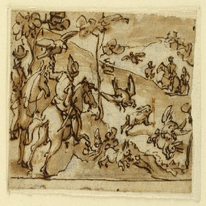 Drawing, Sketchbook Page with Hare Hunt and Falcons, ca. 1590