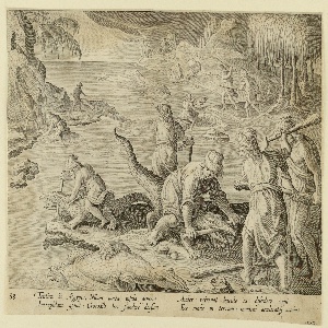 Print, Crocodile hunt; Tentyritae attacking crocodiles, ca. 1595
