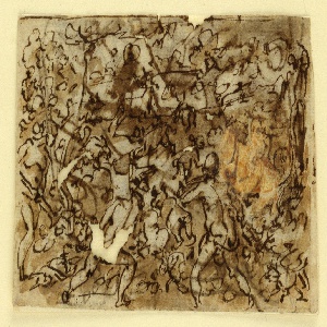 Drawing, Sketchbook Page with Stag Hunt, ca. 1590