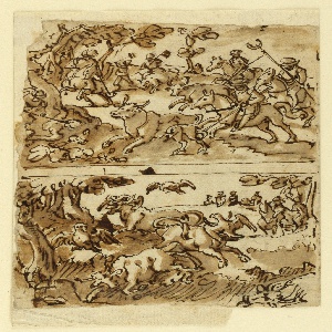 Drawing, Page of sketchbook Bull hunts on verso and woman on recto, ca. 1590