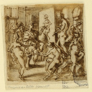 Drawing, Page of a sketchbook; Zeuxis painting Helen, ca. 1590