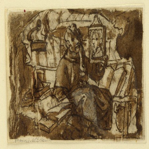 Drawing, Page of a sketchbook; A monk in his study, ca. 1590