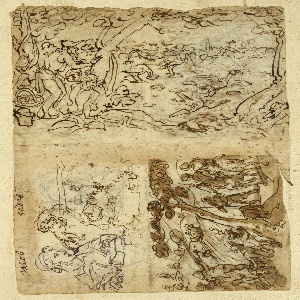 Drawing, Sketchbook Page with Hunting Scenes, ca. 1590