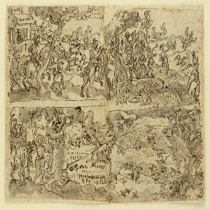 Drawing, Sketchbook Page with Four Hunt Scenes, ca. 1578