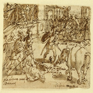 Drawing, Sketchbook Page with Romans Fighting an Elephant, ca. 1590